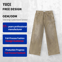 YUCE Venta al por mayor de jeans personalizados para hombre, pantalones vaqueros holgados de pierna ancha con doble rodilla, estilo carpintero, jeans vintage azules con bolsillos cargo