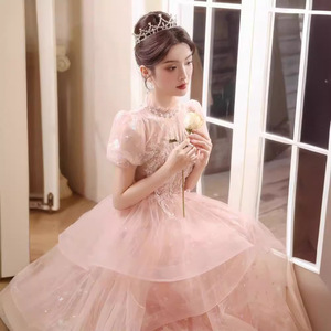 Pink Ball Gown Evening Dress Empire Waist High Neck 3D Stereoscopic Patterns Candy Color For Banquets And Coming Of Age Ceremony - Product Image 2
