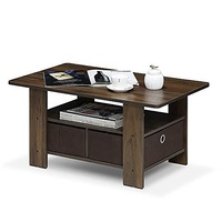 Table basse industrielle RTA contemporaine rustique à 3 niveaux en bois grainé avec tiroirs en tissu et étagère centrale ouverte