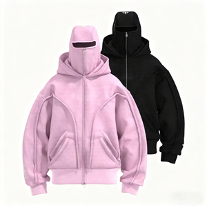 Nhà sản xuất tùy chỉnh Y2K Heavyweight Boxy đôi trùm đầu Áo khoác thêu axit rửa Ninja Balaclava Zip người đàn ông Hoodies với trượt tuyết mặt nạ - Product Image 1