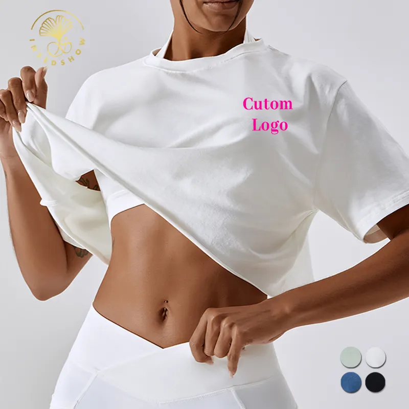 Round Neck Custom Cropped White Oversize For Women Clothes Sexy Crop Top T Shirts Casual Plus Size Women's 100% Cotton T-shirts