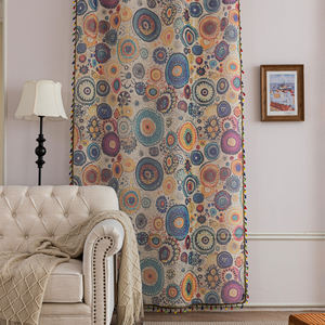 Fenêtre bohème à pompons transparents-Cercles peints à la main 100% polyester, bloquant les UV et filtrant la lumière pour salon/café/chambre à coucher - Product Image 1