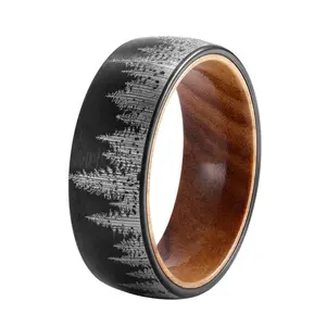 Jewelry 8mm Whisky Wood black Tungsten Ring For Men Women IP Black Plated Men Ring Engrave Forest Pattern