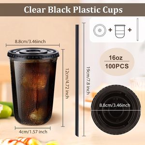 Gobelets jetables noirs 12oz 16oz pour café glacé, fond rond, avec logo personnalisé, en plastique noir avec couvercle et paille - Product Image 4