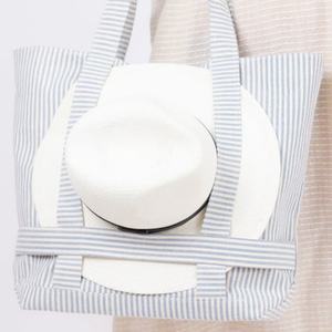 21-Inch Personalized Casual Shoulder <b>Bags</b> Blue Stripe Cotton Tote <b>Bags</b> Hat Carrying Travel Handbag <b>Foldable</b> <b>Beach</b> <b>Bag</b> For Summer - Product Image 4