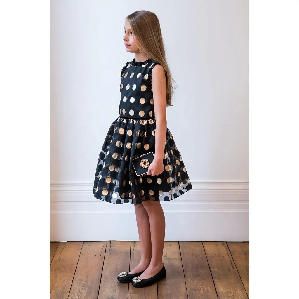 Personalizado 2024 elegante negro de encaje niños niñas vestidos con punto de oro boutique bebé niña vestido para fiesta bola crecido niños ropa