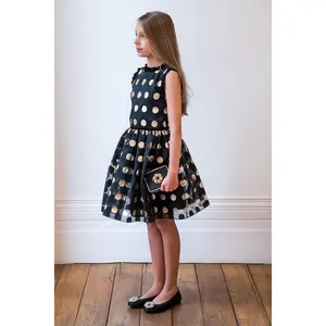 Custom 2024 Elegant Black Lace Children Girls Dresses With Gold Dot Boutique Baby Girl Dress For Party Ball Grown Kids Clothing
