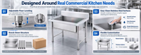 Évier commercial modulaire robuste en kit, évier double bac en acier inoxydable détachable et personnalisable pour la transformation alimentaire