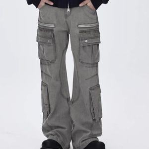 Pantalones Cargo de Pierna Recta con Múltiples Bolsillos, Estilo Urbano, Lavado Desgastado, para Hombre, Diseño Moderno con Cremallera - Product Image 2