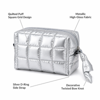 Trousse de Toilette Matelassée Argent Métallisé Grande Capacité pour Femme, Sac de Voyage Portable avec Compartiments, Organisateur de Maquillage OEM ODM