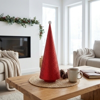 Árbol de Navidad Pequeño Rojo con Purpurina y Pompón Blanco en la Punta, Decoración Simple y Moderna para el Repisa del Chimenea, Árbol Cónico