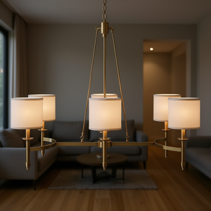 6-<b>Light</b> Chandelier <b>Gold</b> Finish Drum <b>Shades</b> Fabric Pendant <b>Light</b> Living Room <b>Ceiling</b> Fixture - Product Image 2