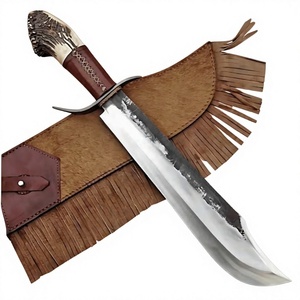 Couteau de chasse Damas à lame fixe, bord droit, manche en bois de cerf avec étui en cuir pour le camping et les activités de plein air - Product Image 2