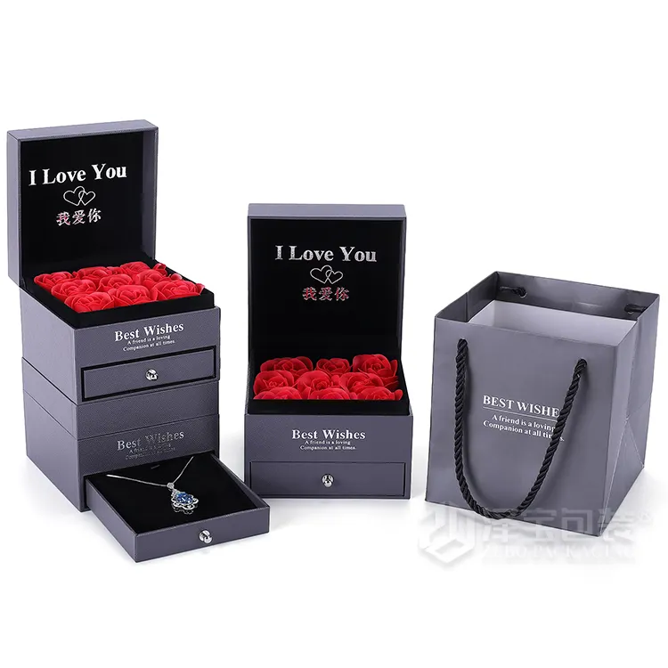 Zoete Ontwerp Beste Wensen Sieraden Case Custom Logo Dubbele Laag Rose Bloem Ketting Gift Box