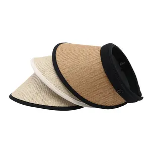 Straw Women Hat Portable Beach Sun Hat Custom Logo UV Ladies Roll-up Summer Casual Advertising Caps