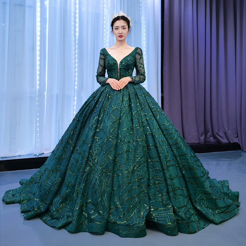 gowns for women evening dresses long sleeve elegant dresses women evening gown long sleeve beaded sequin GREEN WEDDING DRESS