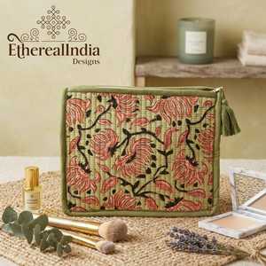 Bolsa de Cosméticos Acolchada con Estampado Floral, Organizador de Maquillaje de Algodón, Bolsa de Viaje - Product Image 4