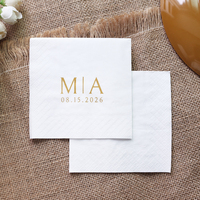 Serviettes en papier jetables personnalisées imprimées en or pour cocktails, avec initiales de couple et date, pour table de mariage