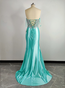 <span class=keywords><strong>Abito</strong></span> da ballo personalizzato blu chiaro con scollo a V con perline di cristallo a sirena formale da sera con spacco <span class=keywords><strong>lungo</strong></span> satinato per le donne - Product Image 6