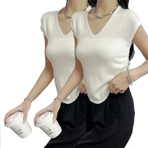 Maglietta bianca da donna Top In lana tinta unita con scollo a V a maniche corte In maglia Casual Top T-Shirt Slim Basic In kaki rosa nero