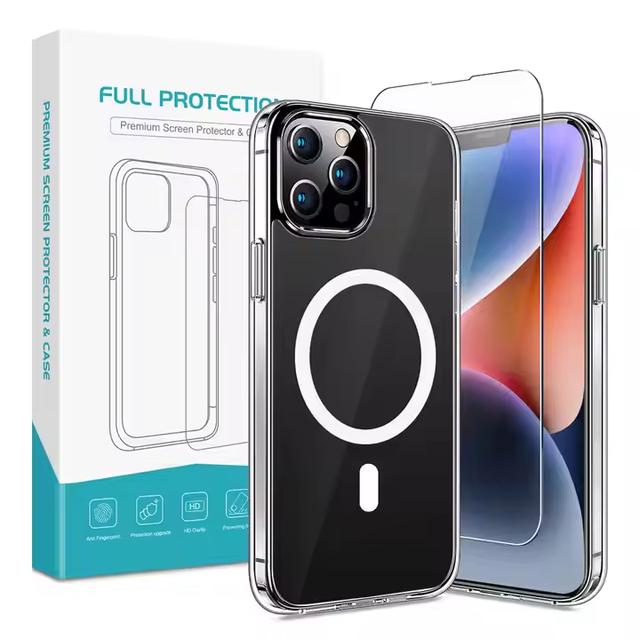 2 in 1 Magnetic TPU Clear Mobile Phone case and Tempered Glass Screen Protector Set for iPhone 17 16 15 14 13 Pro Max Plus air