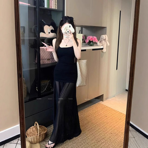 Black Spaghetti Strap Bodycon Maxi Dress Solid Color Tight Waist Stretch Knit Slip Dress For Women Casual Summer Wear - Product Image 5