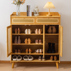 Nordic Style Rattan <b>Shoe</b> Cabinet With Drawers Natural Wood Color Large Capacity Entryway <b>Storage</b> Shelf For Living Room Entrance - Product Image 2