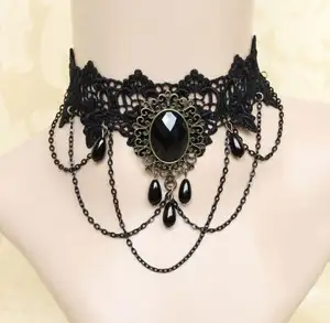 Fashion Vintage Victorian Steampunk Necklace Jewelry Sexy Gothic Crystal Black Lace Neck Choker Necklace
