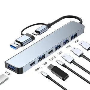 Multiport USB C Hub Splitter 7 in 1, adaptor tipe c 3.0 USB Hub dengan antarmuka Tipe C dan USB 2 in 1