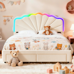 Multifunctional <strong>Bed</strong> Shell Shaped Flannel Upholstered <strong>Bed</strong> With RGB LED Light Charging Ports Pull Out <strong>Under</strong> <strong>Bed</strong> Storage <strong>Drawers</strong> - Product Image 1