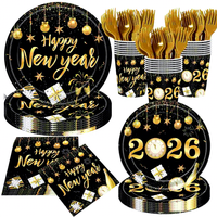 Assiettes, gobelets et serviettes en papier à thème du Nouvel An noir et or, ensemble de fournitures de fête jetables, vente chaude