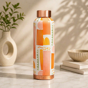 Bouteille d'eau en cuivre émaillé faite à la main, design abstrait moderne, bouteille à boire en cuivre pur, ayurvédique, anti-fuite, réutilisable - Product Image 1
