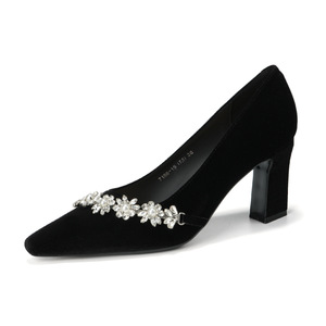 Pointed Toe Pumps Black Velvet <b>Block</b> Heel Medium Height Flower Embellished Formal Shoes 7188-15 - Product Image 5