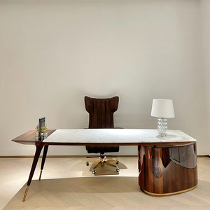 Table de direction contemporaine pour bureau, plateau en marbre naturel, finition brillante, bureau de direction en placage, pieds en métal pour bureau de PDG, villa, bureau - Product Image 1
