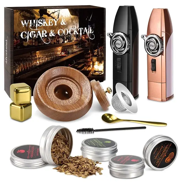 Whiskey Smoker Kit For Friends Husband Dad Old Fashioned Cocktail Kit with 4 Flavors Wood Chips Cocktail Smoker Kit with 2 Torch