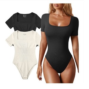 Combinaison de yoga sans couture pour femme grande taille, col carré, haut de sport très élastique pour l'entraînement et la course, combinaison côtelée unie - Product Image 2