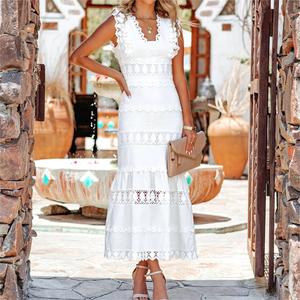 Robe élégante en coton pur, décontractée, taille haute, sans manches, col en V, plissée, blanche, en dentelle, pour <span class=keywords><strong>femme</strong></span>, robe de bureau - Product Image 2