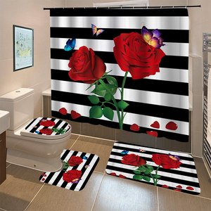 Rose rouge fleurs papillon imperméable rideau de douche ensemble tapis antidérapant tapis siège de toilette crique bain salle de bain décor - Product Image 4