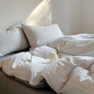 Duoxianman Jacquard <b>Striped</b> Pure Cotton <b>Bedding</b> <b>Set</b> 4-Piece Washed Cotton Duvet Cover Pillowcases Sheets for Student Use - Product Image 3
