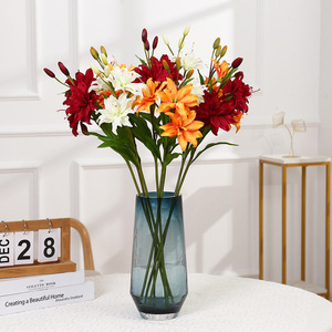 Lys artificiel en soie poly, 3 têtes, pleine floraison, orange, avec 3 bourgeons, pour décoration de vase intérieur, vente en gros directe usine - Product Image 1