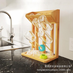 Estante de madera para biberones con bandeja de drenaje para almacenamiento y secado en el escritorio - Product Image 2