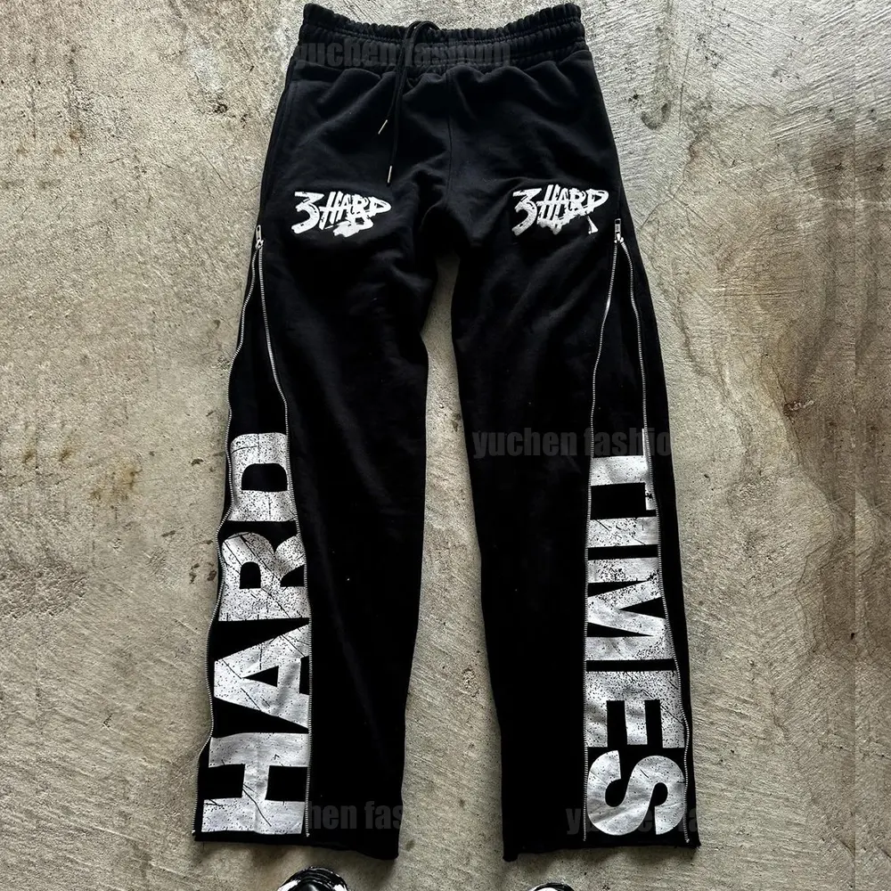 Streetwear pantaloni da jogging a gamba larga in cotone spugna pantaloni sportivi personalizzati con serigrafia sbiadita con cerniera svasati per uomo