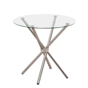 Yeni krom Metal yuvarlak şeffaf temperli cam üst yuvarlak yemek masası ile gümüş paslanmaz çelik bacaklar