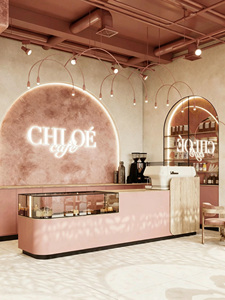 Conception d'intérieur clé en main pour café-restaurant français, aménagement de café Wabi Sabi, comptoir de bar personnalisé en microciment, bois et terrazzo - Product Image 1