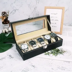 Hot Sale 5 Slots Wooden Black PU Leather Watch Packaging Box Custom Logo Watch Storage Case