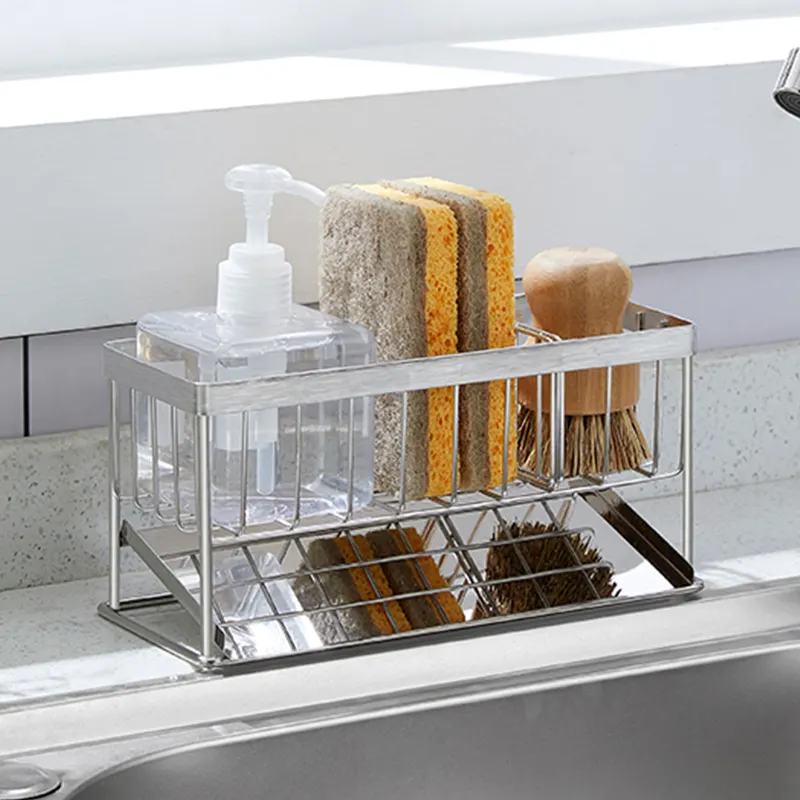 Wastafel Dapur 304 Stainless Steel Tahan Karat Caddy Organizer Untuk Spons Sikat Sabun Pemegang Serbet dengan Nampan Panci Kering