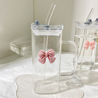 Verre à eau carré en verre de haute qualité, mignon, avec poignée, fond plat et paille, pour eau bouillante, cadeaux d'affaires