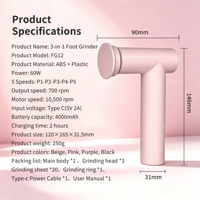 Lime à callus électrique 3 en 1 pour les pieds, rechargeable, pédicure professionnelle 60W, lime à pieds avec 5 vitesses pour les talons secs et craquelés