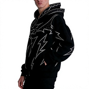 Sudadera con capucha negra para hombre con cremallera, estampado de rayo brillante, estilo urbano, corte regular, felpa francesa, 100% poliéster, con cremallera para otoño - Product Image 2