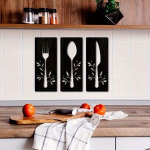 Factory Creative Wooden Kitchen Wall Art Set, Fork Spoon Knife Design, Rustic <b>Black</b> & White 3-Piece of Se for Dining Room Decor - Product Image 1